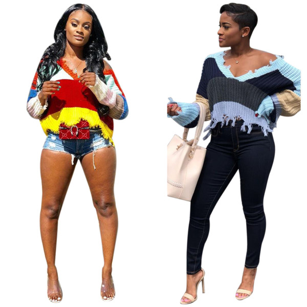 Deep V Neck Long Sleeves Woman Sweater Tops M857