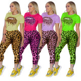 Lip Printing T-Shirt Bandage Mid Shorts Women Leopard Sets X9197