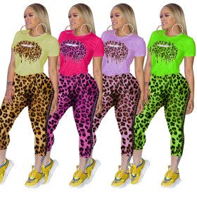 Lip Printing T-Shirt Bandage Mid Shorts Women Leopard Sets X9197