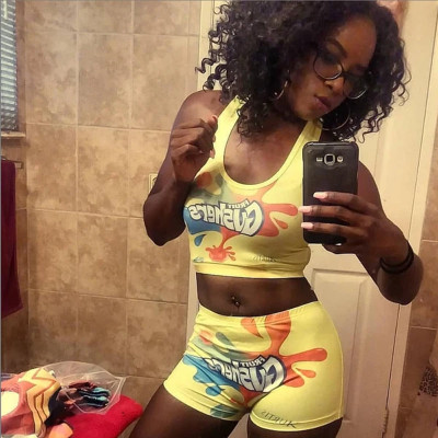 Sexy Letter Printed Sleeveless Mini Top With Shorts Yoga Two Piece Set SDD9293