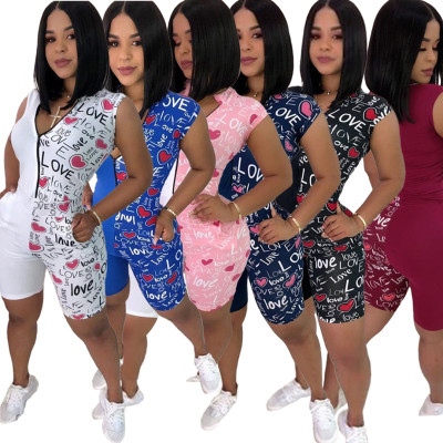 Street Style Ladies Printing Patchwork Zip Up Romper Shorts BLX7503