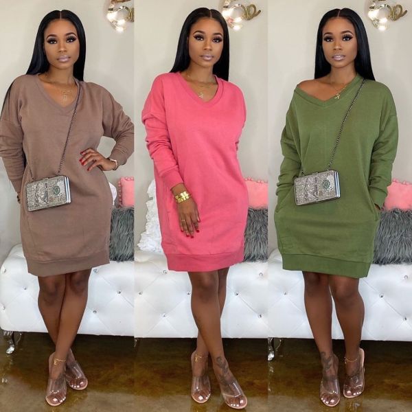Leisure Loose Fitting Pure Color V Collar Autumn Winter Dress SN3719