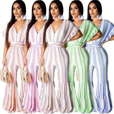 Ladies Stripe V Collar Flared Jumpsuit For Daliy Wear R6182