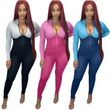 Sexy Contrast Stitching Zipper V-Neck Long Sleeves Bodycon Jumpsuit XYI9059