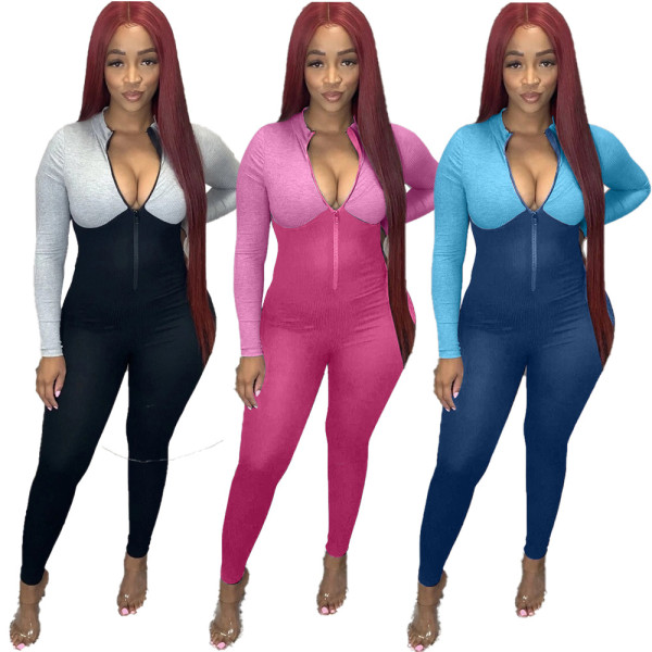 Sexy Contrast Stitching Zipper V-Neck Long Sleeves Bodycon Jumpsuit XYI9059