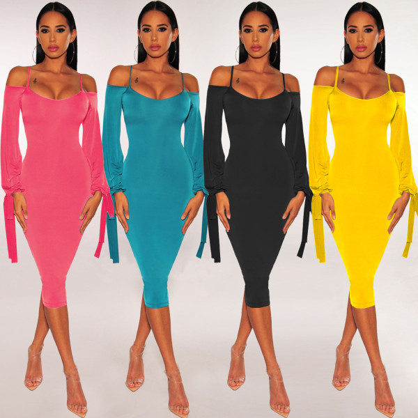 Plain Color Leisure Bodycon Condole Belt Cheap Dress XZ3314