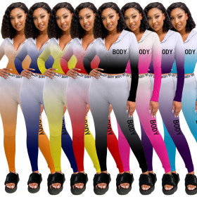 Casual Gradient Letter Printed Zipper Long Sleeves Hooded Cropped Sweater With Pants Two Piece Set Z