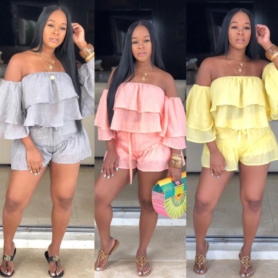 Strapless Ruffle Top Loose Shorts Pure Color Leisure Sets LD8341