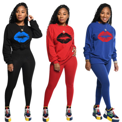 Lip Printed T-Shirt Solid Color Pants Comfy Autumn Sets ED8134