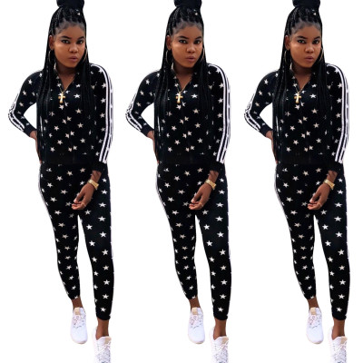 Trendy Stars Printing Suits Hooded Coat Skinny Pants ED8032
