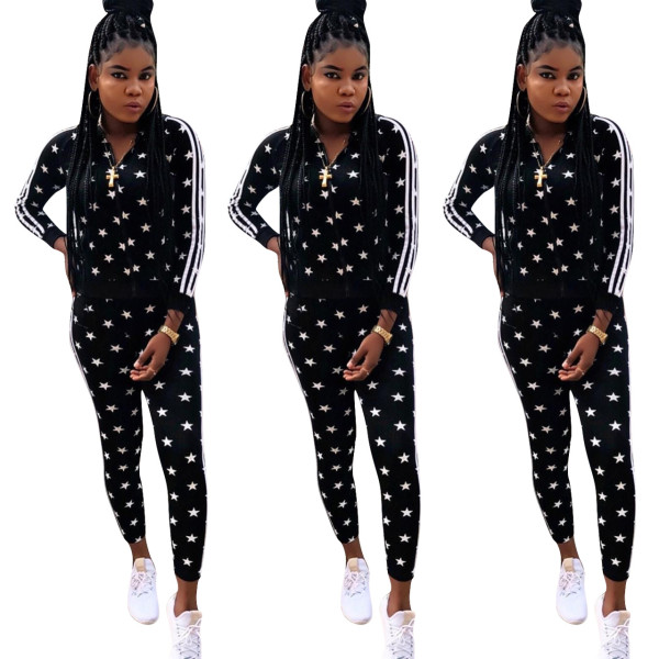 Trendy Stars Printing Suits Hooded Coat Skinny Pants ED8032