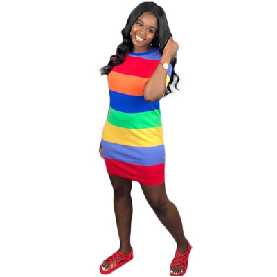Striped Half Sleeves Colorful Round Neck Pencil Dress S6140