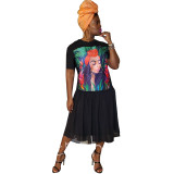 Fashion Cartoon Printed Short Sleeves Plus Size Midi Dress YF8569