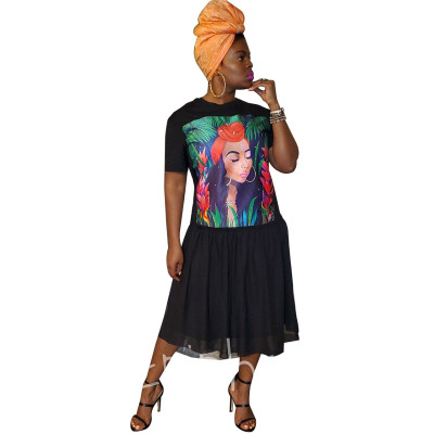 Fashion Cartoon Printed Short Sleeves Plus Size Midi Dress YF8569