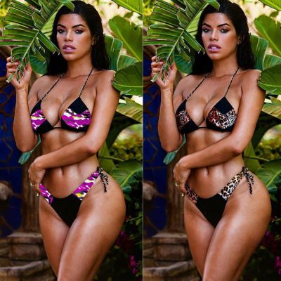 Leopard-print stitching bikini female two-piece swimsuit black and white straps MDF5144