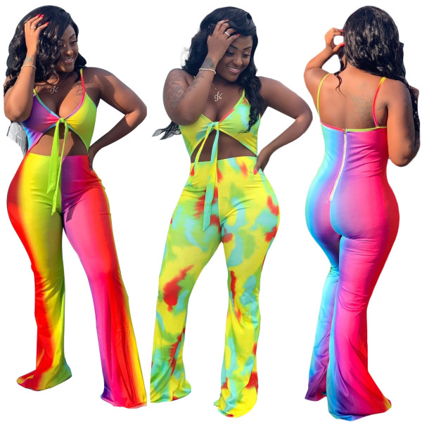 Sexy High Waist Printing Spaghetti Strap Wide Leg Jumpsuit SN3587