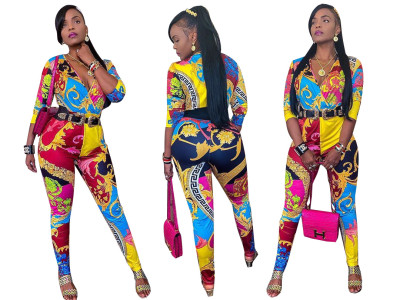 Wholesale Price V Collar Slim Bodycon Printing Colorful Jumpsuit YZ1950