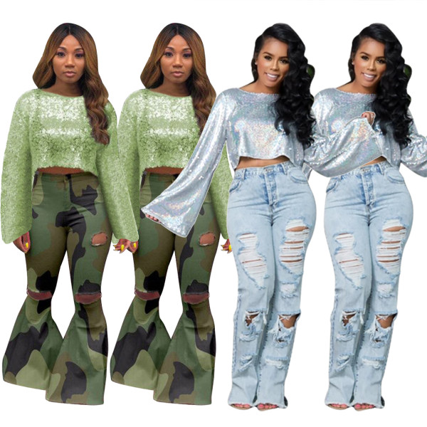 Sequin Trendy Clothes Flares Sleeves Crop Top With Lining Q355