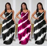 Fashion Gradient Printed Suspender V-Neck Backless Plus Size Long Dress FS3523