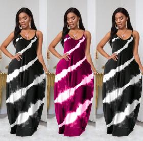 Fashion Gradient Printed Suspender V-Neck Backless Plus Size Long Dress FS3523