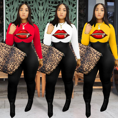 Fashion women's lips long sleeve jumpsuit YZM7062