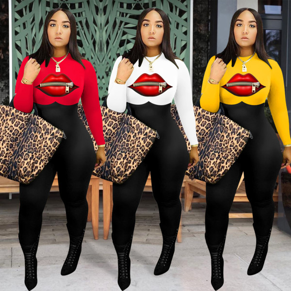 Fashion women's lips long sleeve jumpsuit YZM7062