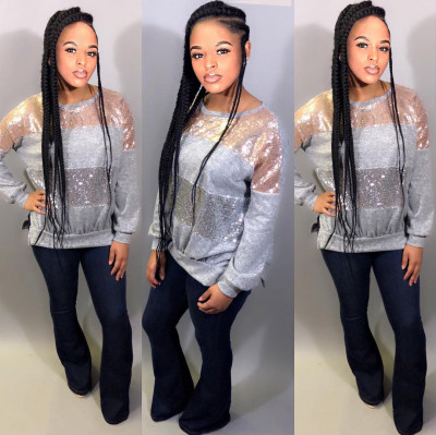 Bling Bling Sequins Patchwork Long Sleeves Tops BLX5218