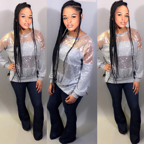 Bling Bling Sequins Patchwork Long Sleeves Tops BLX5218
