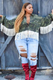 Large size long camouflage tassel coat tooling casual style Q5062