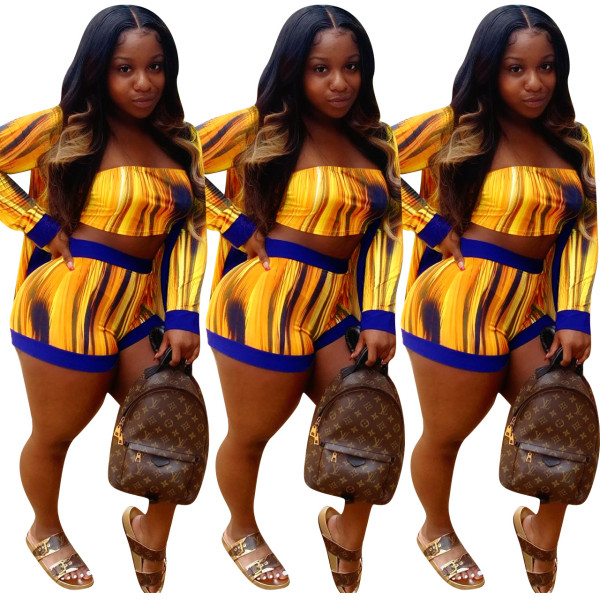 Bodycon Female Printing Shorts Sets Long Sleeves Coat ED8104