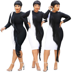Contrast Color Leisure Women Long Sleeved Tassel Midi Dress FH052