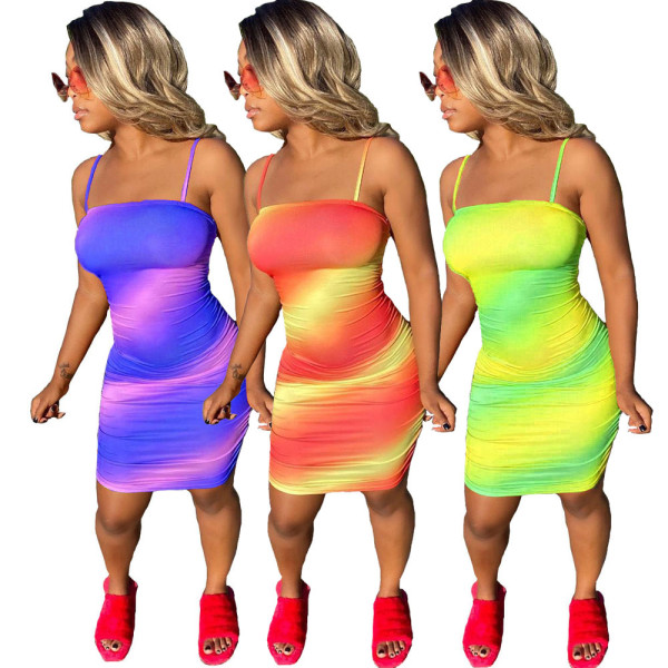 Women's summer fashion print pleated dress L0308