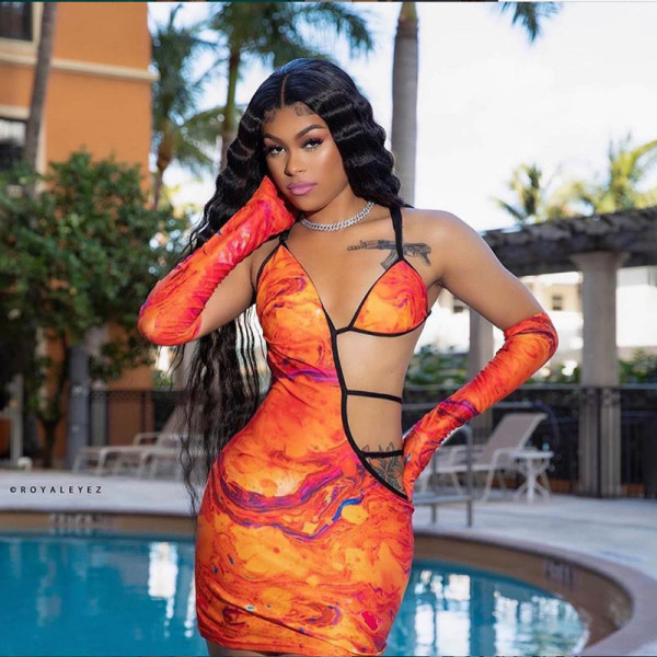 Sexy Tie Dye Printed Suspenders Backless Hollow Out Mini Dress D1738556