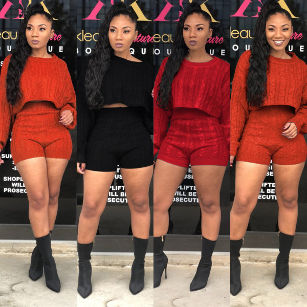 New Arrival Pure Color Sweater Suits Crop Top High Waist Shorts KF67