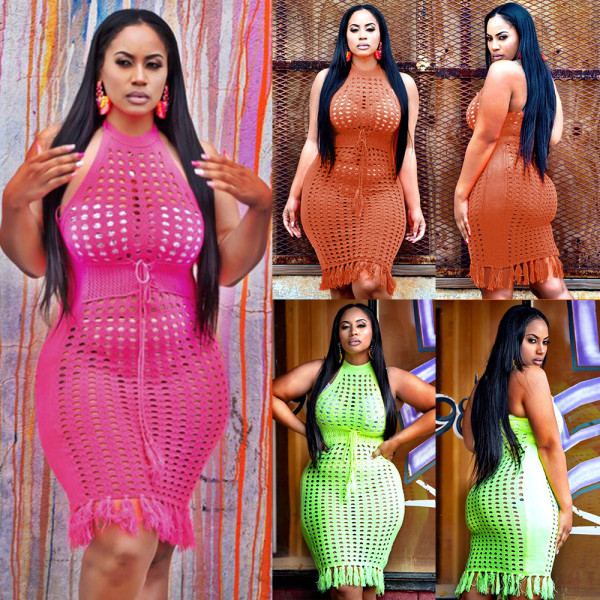 Sexy hip wrap skirt beach smock hole fringed dress NS3716