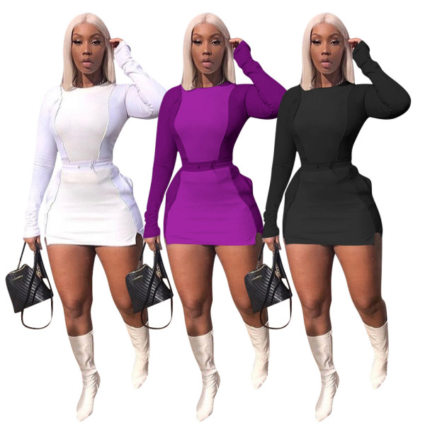 New Design Solid Patchwork Slim Sets Long Sleeve T-Shirt Wrap Skirt LM038