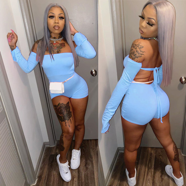 Sexy Solid Color Off Shoulder Backless Long Sleeves Bodycon Jumpsuit YT3229