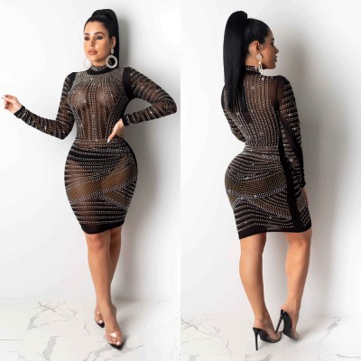 Club Long Sleeved Rhinestone Transparent Pencil Dress For Ladies K8865