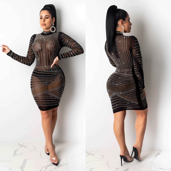 Club Long Sleeved Rhinestone Transparent Pencil Dress For Ladies K8865
