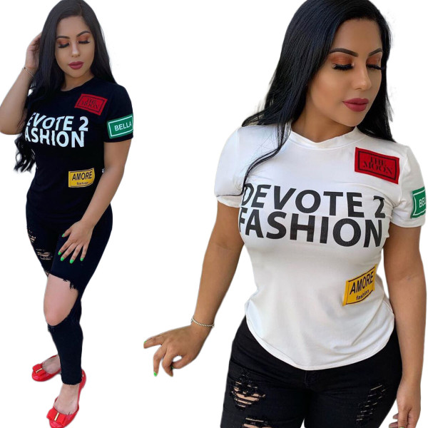 Leisure Letters Print Round Collar Ladies T-Shirt ARM8091