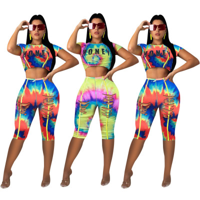 Printing Sets Short Sleeve Crop Top+Bodycon Mid Shorts ZH5086