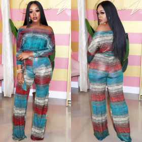 Off Shoulder Top Straight Pants Stripe Printed 2 Pieces Set FA7048