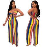 Fashion Multicolor Strapless Top Stripe Wide Leg Pants N9113