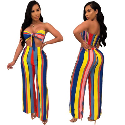 Fashion Multicolor Strapless Top Stripe Wide Leg Pants N9113