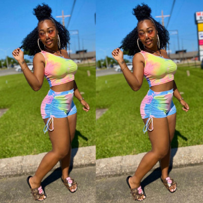 Fashion leisure sports one shoulder T shirt top drawstring shorts two-piece suit MR2045