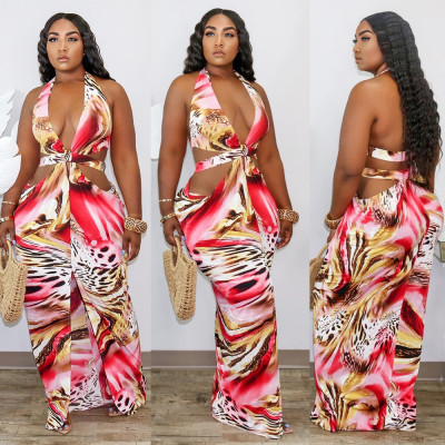 Sexy Printed Sling Slit Loose Waist Dress Nightclub Clothes KA7123