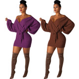 Pure Color Shiny Lantern Sleeves Wrap Dress OEP5290