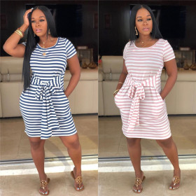 Striped Leisure Tie Mid Waist Dress With Pockets SMD7006