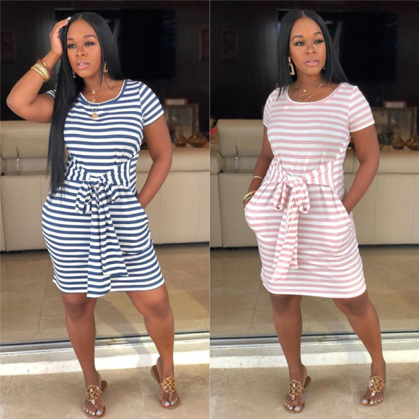 Striped Leisure Tie Mid Waist Dress With Pockets SMD7006