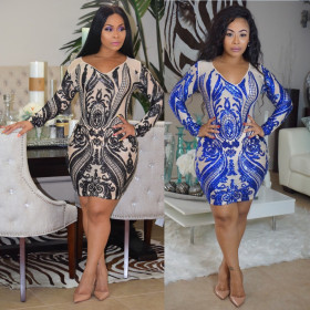 Newest Slim Bodycon Printing Long Sleeves Wrap Dresses QZ6056